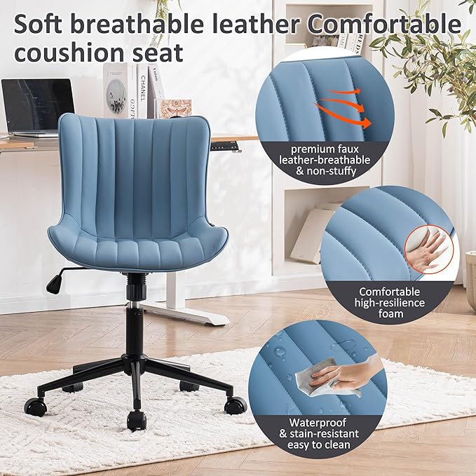 Kidol & Shellder Blue Leather Home Office Desk Chair with Wheels Modern Cute Armless Executive Swivel Vanity Chair with Comfy Padded Back Ergonomic Rolling Adjustable Computer Task Chair Small
