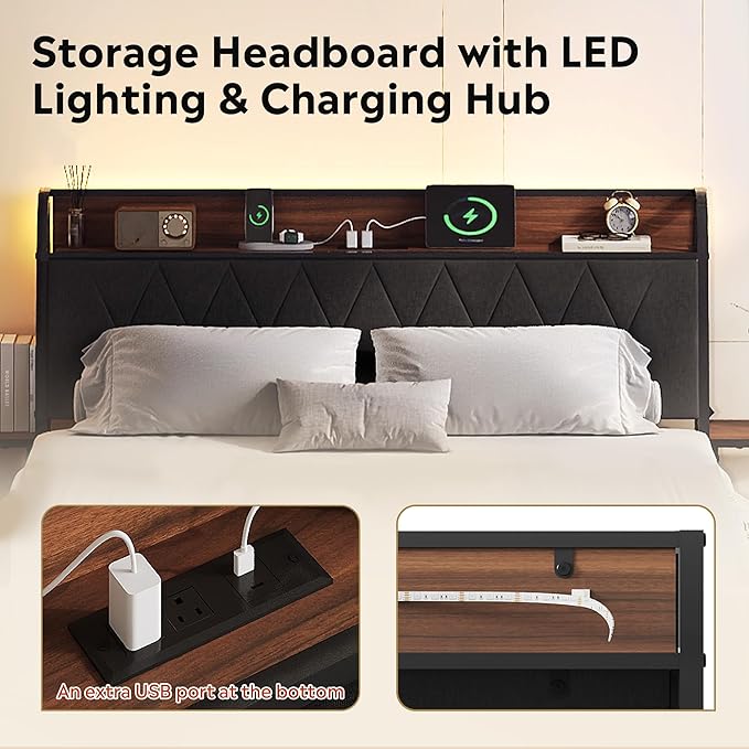 WLIVE Queen Size Upholstered Bed Frame with 2 Side Shelves, Linen Tufted Storage Headboard with Charging Ports and LED Light, Metal Solid and Stable, No Box Spring Needed, Easy Assembly, Brown