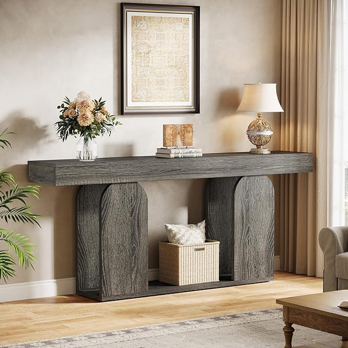 Tribesigns 70.9-Inch Extra Long Sofa Table, Farmhouse Console Tables with Wood Frame and Storage Shelf, 2-Tier Wood Table Behind Couch for Living Room, Hallway, Foyer, Light Brown (Dark Gray)