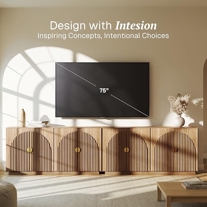 BELLEZE 65 Inch Fluted Buffet Cabinet with Storage, Symmetrical Arc Accent Sideboard Large Console Table for Dining Room, Kitchen, and Living Room (Caramel Brown)