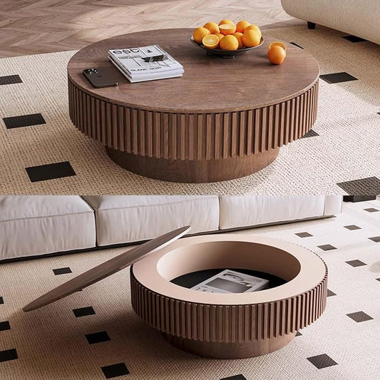 39'' Large Round Coffee Table with Storage, Fluted Coffee Table with Solid Wood Veneered, Mid Century Modern Wooden Center Table, Accent Tea Table for Living Room Apartment, Walnut