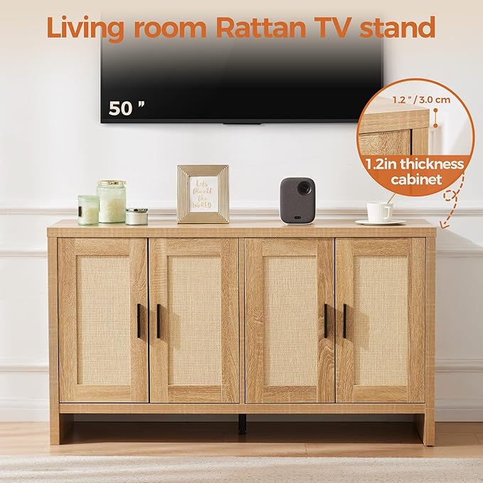 Mericonia Rattan Buffet Cabinet with Storage, Sideboard Cabinet with Doors and Adjustable Shelves, Farmhouse Coffee Bar Station Table, Modern Wood Cupboard for Kitchen, Livingroom and Dining Room