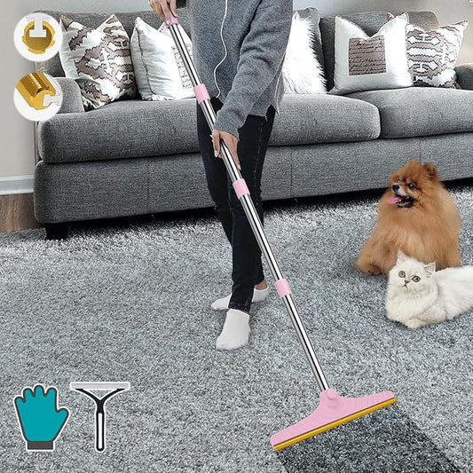 B-Land Carpet Rake for Pet Hair Removal, Reusable Pet Hair Remover with 60” Adjustable Long Handle, Carpet Scraper Dog Cat Hair Remover Tool for Rugs, Mats, Couch, Furniture Pink
