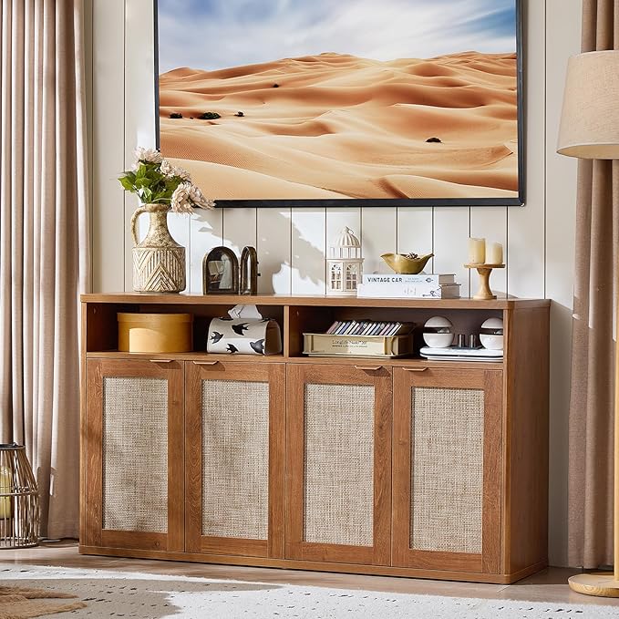 LEYAOYAO Rattan Sideboard Buffet Cabinet,55" Coffee Bar Cabinet with 4 Doors & Open Storage Shelf,Modern Credenza Console Table for Living Room Rattan Farmhouse entryway Brown