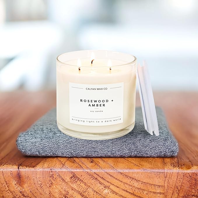 Calyan Wax Co. Rosewood & Amber 3 Wick Scented Candle - 43 Hour Burn - Luxury 3 Wick Soy Candles - Non Toxic Soy Wax Candles - Long Lasting Large Glass Jar Candle for Home - 14.9oz