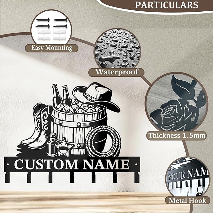 Custom Western Cowboy Metal Iron Key Hooks,Personalized Name & Text Engraving,Decor Wall Keys Holder for Home Entryway (Style J)