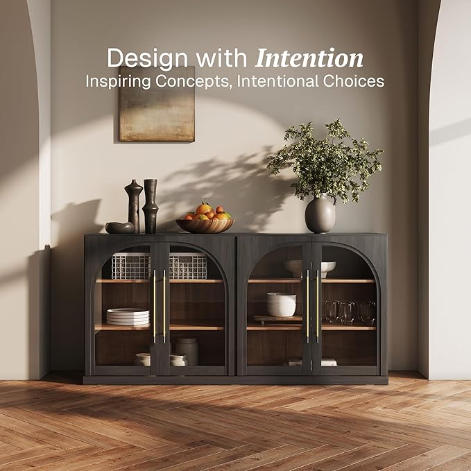 BELLEZE 65" Arched Sideboard with Glass Door, Accent Buffet Cabinet with Storage and Adjustable Shelves, Classic Modern Large Console Table for Dining Room Living Room Entryway (Ebony)