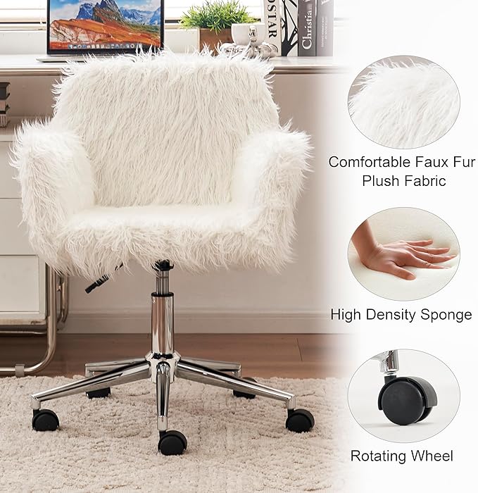 Goujxcy Fluffy Desk Chair, White Faux Fur Vanity Chair Swivel Office Chair for Girls Women, Height Adjustable Cute Plush Furry Makeup Chairs for Bedroom Home Office