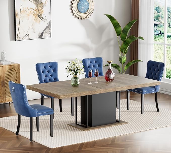 Goujxcy 78.7" Farmhouse Extendable Dining Room Table Set for 4, 5-Piece Rectangle Kitchen Dining Room Table Set with Wood Base and 4 Blue Velvet Dining Chairs, Extending Kitchen & Dining Table Set