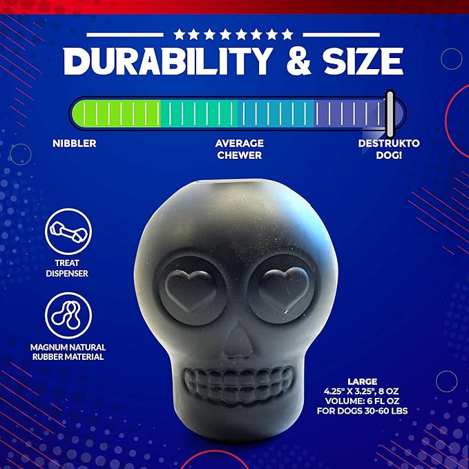 SodaPup MuttsKickButt Skull – Durable Dog Treat Dispenser & Chew Toy Made in USA from Non-Toxic, Pet Safe, Food Safe Natural Rubber for Mental Stimulation, Problem Chewing, Calming Nerves & More