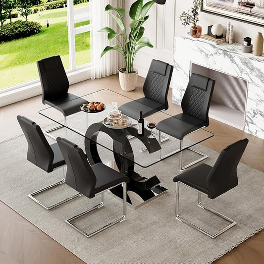 63'' Glass Dining Table Set for 6, Kitchen Table Chairs Set of 6, Clear Glass Dining Table with Black unique design Leg and Silver Metal Base, 6 PU Dining Chairs with Metal Legs, Living Room, Kitchen.