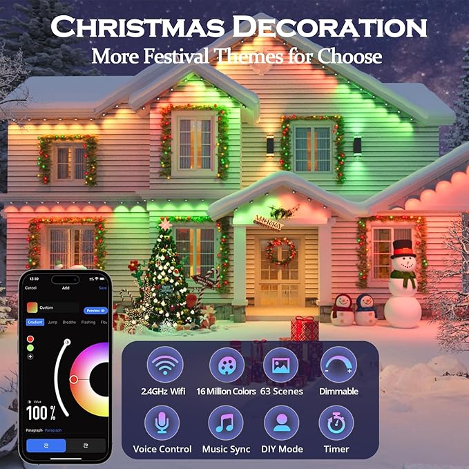 wowlite Permanent Outdoor Lights 50FT, RGBIC Smart Eave Lights with 36 LEDs, IP67 Waterproof, 110+ Scene Modes for House, Daily & Holiday Decorations, Christmas, Compatible with Alexa & Google