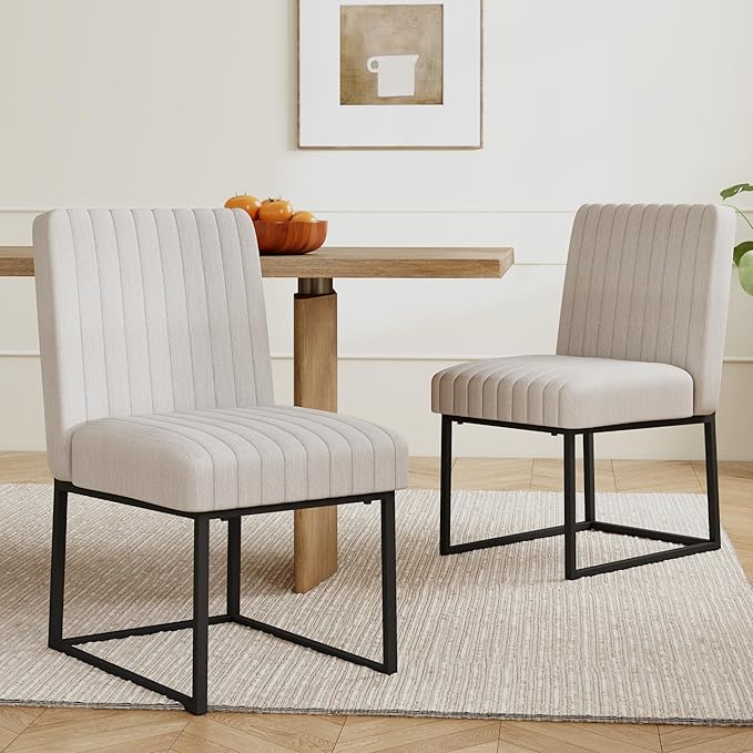 VKNOW Upholstered Dining Chairs Set of 6, Modern Dining Room Chairs with Stripe, Linen Kitchen Chair Dinner Chair with Black Metal Base for Kitchen Office, Beige
