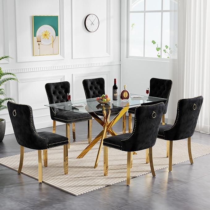Goujxcy Glass Dining Table Set for 6, Modern Kitchen Table and Chairs Set of 6, 7-Piece Kitchen Dining Room Table Set w/61 Glass Gold Dining Table and 6 Black Velvet Upholstered Chairs