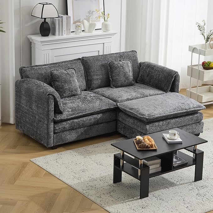 76.2" Modular Sectional Sofa with Movable Ottoman, Deep Seat couches for Living Room, 2 Seater Loveseat Sofa, L Shaped Comfy Cloud Couch with Removable Cover, Armrest Pillow (Grey)