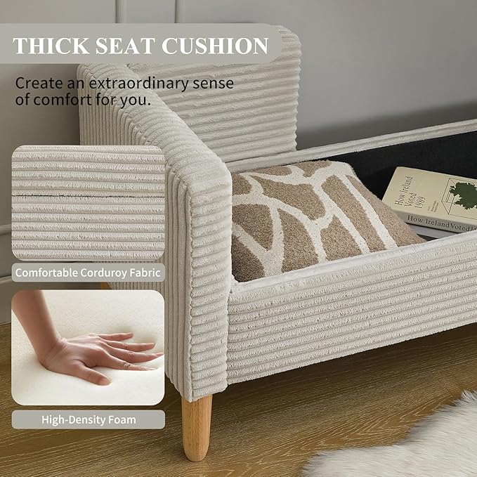 NIOIIKIT 65" Large Storage Ottoman Bench with 2 Pillows, Corduroy Upholstered Entryway Bench with Wood Leg, End of Bed Bench with Straight Armrest, Window Bench for Bedroom, Entryway (Light Grey)