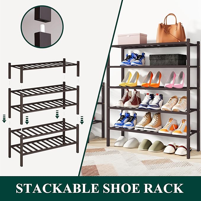 Smiry Shoe Rack, 2 Tier Bamboo Shoe Organizer, Stackable Free Standing Wooden Shoe Storage Shelf for Closet, Entryway, Front Door Entrance, Brown