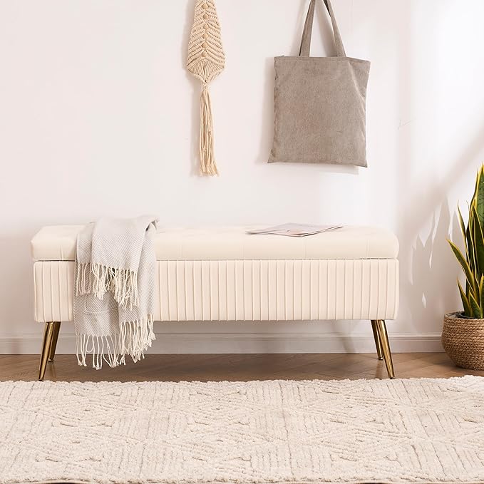 Velvet Storage Bench for Bedroom, Rectangle Upholstered End of Bed Bench Modern Tufted Ottoman with Gold Legs for Living Room/Window/Entryway (Ivory-45.5" W)