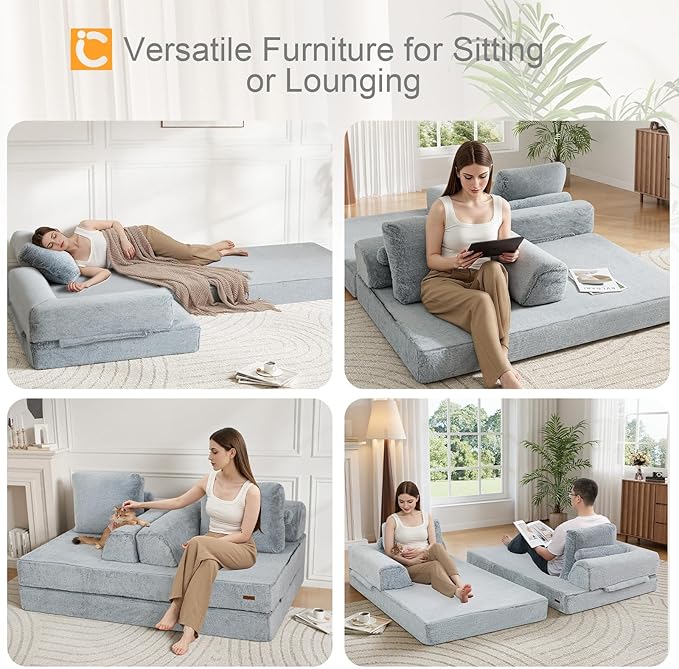 COMAX Convertible Sofa Bed, Folding Floor Couch Fold Out Couch Bed Futon Sleeper Mattress with Pillows, Boneless Sofa Comfy Lounge Loveseat for Living Room Bedroom, Snow Light Grey