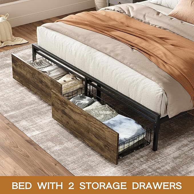 King Size Bed Frame with Storage Drawers and Charging Station, Upholstered Headboard Metal Platform Bed with USB Ports, No Box Spring Needed, Easy Assembly, Dark Brown