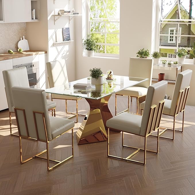 AUZ Dining Chairs, White and Gold Faux Leather Dining Chairs with Polished Stainless Steel Legs, Set of 2