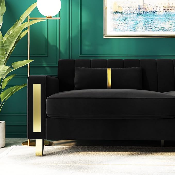 Couch 85.62" 3 Seats Sectional Velvet Fabric Sofa Easy Assemble Sofa Bed with 2 Couch Pillows,Gold Metal Legs for Living Room (P17, Black（3+3+1）)