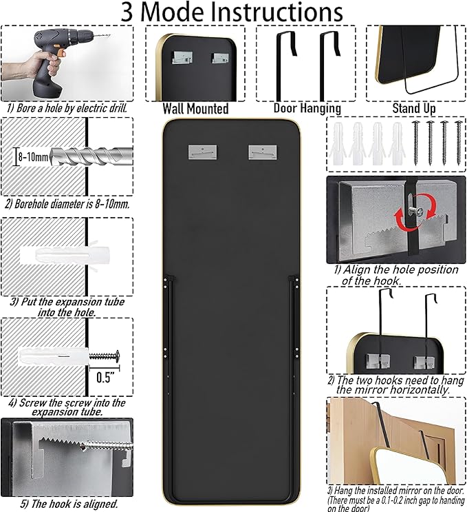 57x20 Door Hanging Full Length Mirror, Floor Stand (Height 5.7ft just Body in1.3ft) Wall Mounted Metal Frame Rectangle Dressing Mirrors for Bedroom Room 57 inch Gold