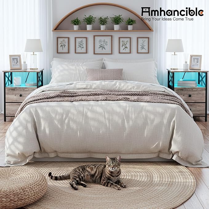 AMHANCIBLE Night Stand Set 2, LED Nightstand with Charging Station, End Tables Living Room with Fabric Drawers, Bedside Table for Bedroom, Greige, HET052LGY