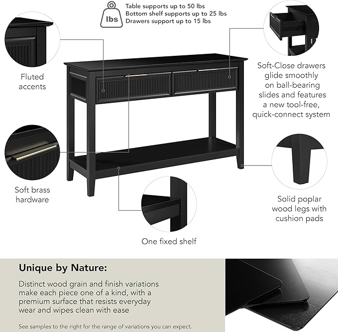 Bush Home Fluted Console Table with Drawers, Living Room Furniture, Camille Collection, Onyx Birch Black