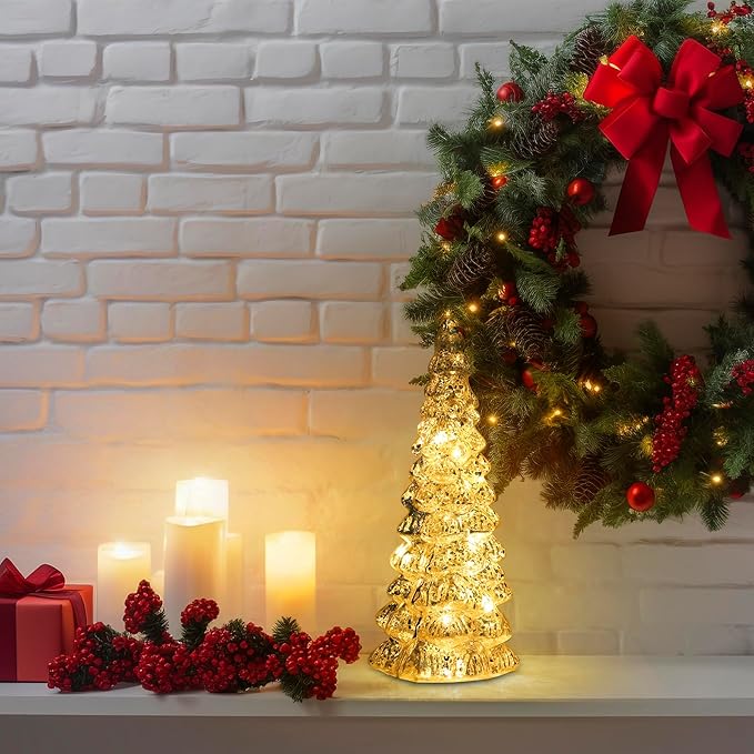 Christmas Tree Glass Decorative LED Light: 13.5" Tall, Battery Operated Holiday Tabletop Ornament, Frosted Glass Christmas Home Decor, Xmas Tree Night Light for Indoor Decor White