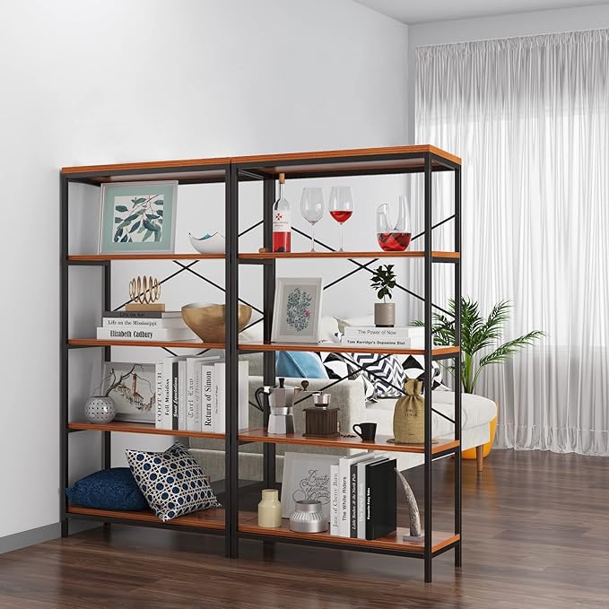 Himimi Industrial Bookshelf 5-Tier Set of 2, Bookcase 58" H Ladder Shelf, Storage Shelves Rack Shelf Unit, Accent Furniture Metal Frame, Home Office Furniture, Vintage Brown（2PCS）