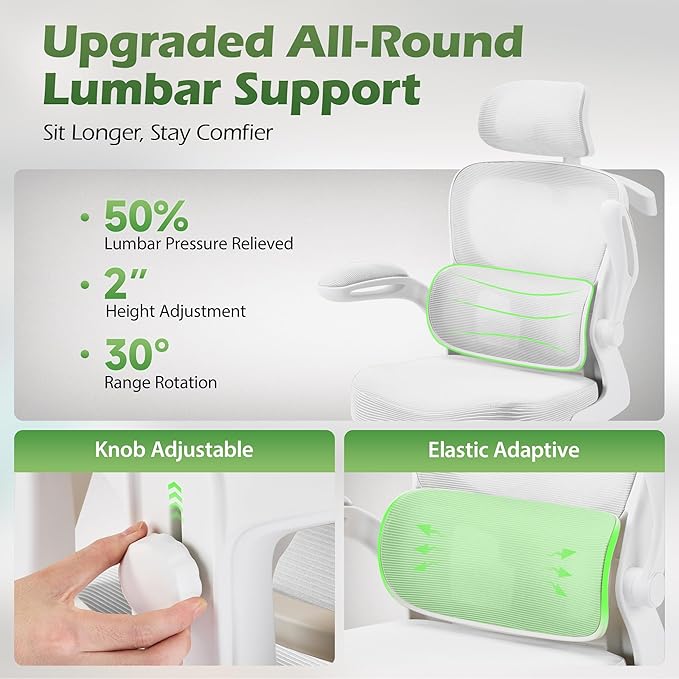 Office Chair Ergonomic Desk Chairs with Adjustable Lumbar Support& Headrest Hanger, High Back Breathable Mesh Chair with Wheels, Rolling Swivel Comfy Task Computer Chair for Home Work Gaming