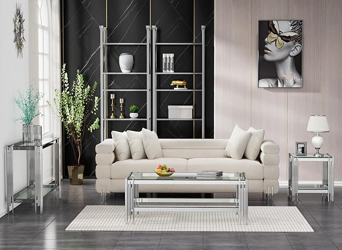 Goujxcy Modern Glass End Table Silver Sofa Side Table with Clear Glass Top and Mirror Stainless Steel Legs, Luxury Square Coffee Tea Table Bedside Tables for Living Room Bedroom, Silver