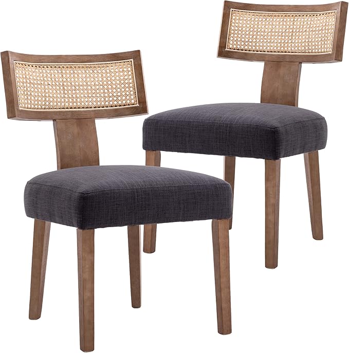 Rattan Dining Chairs Set of 2, Modern Fabric Upholstered Kitchen Chairs, Wooden Dining Room Chair Farmhouse Dinner Chair, Charcoal