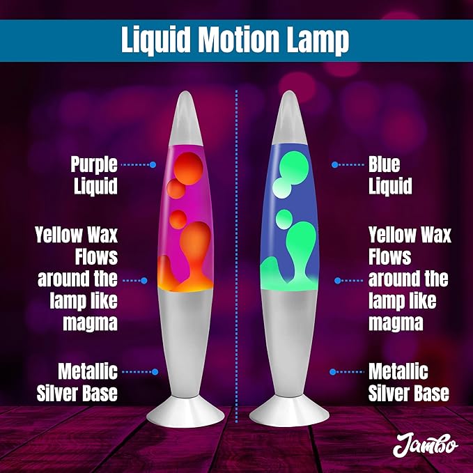 JAMBO 2 Pack- 16" Beautiful Lamp- Blue with Yellow/Green Wax and Purple with Yellow Wax, Relaxing Liquid Lamp, Night Light Nightlight, Lamps for Adults Teens Kid