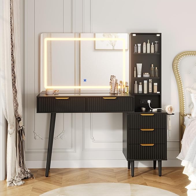 Makeup Vanity Desk with Mirror and Lights, 48" Fluted Makeup Table with Glass Top, Vanity Desk with 5 Drawers, Open Shelf & Power Outlet, Modern Dressing Table for Bedroom Living Room