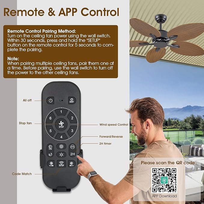 50 Inch Tropical Ceiling Fan no Light, Outdoor Waterproof Palm Leaf Ceiling Fans for Patios Porches, Remote +APP Control, Wet Rated, 6 Speeds, Quiet, Wood Grain