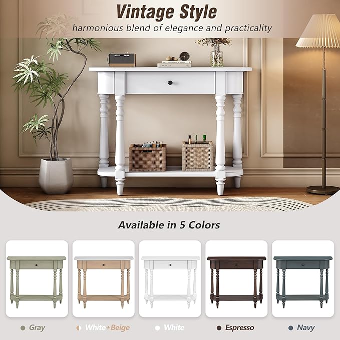 HMFULE Retro Curved Console Table, 36" Solid Wood Half Moon Console Table Sofa Table Entryway Table with 1 Drawer 1 Open Shelf Roman Legs Curved Corners for Living Room,Entryway,Hallway,White