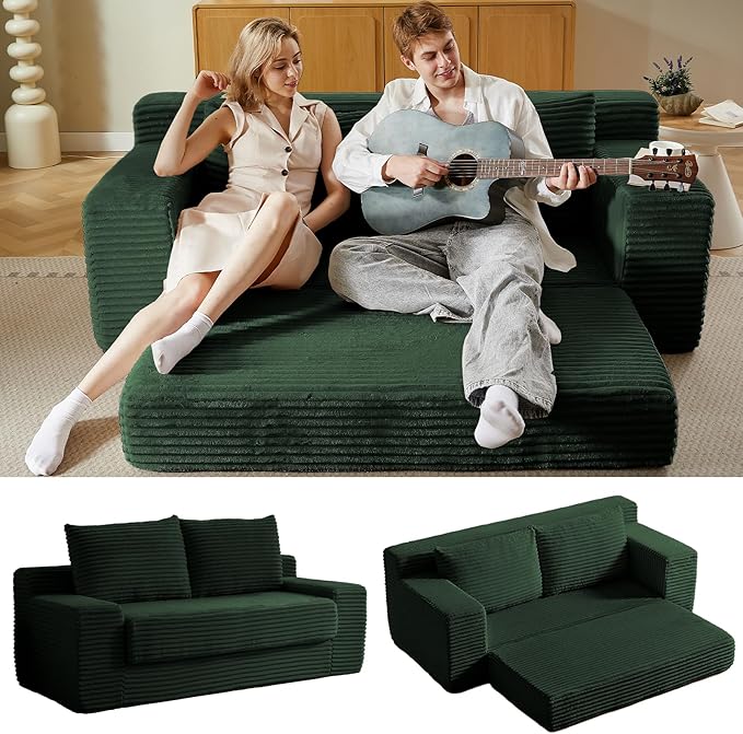 70.87" Loveseat Sofa Bed - Corduroy Upholstered, Comfy Deep Seat & Modern Design - Small Space Friendly, No Assembly Needed - Ideal for Living Room, Bedroom, Apartment, Home Office, Green