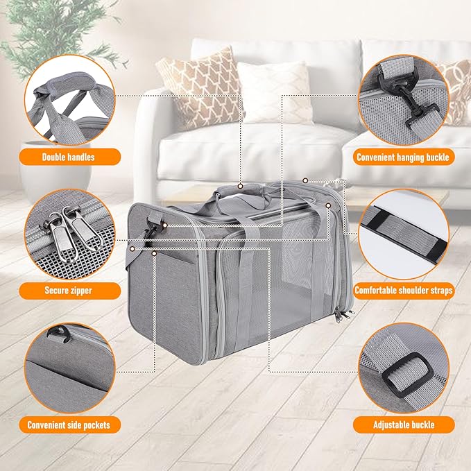 Pet Portable Travel Carrier Bag for Cats Dogs, Mesh Travel Puppy Carrier, Oxford Fabric Large Capacity Breathable Soft-Sided Animals Carrier with Mat Shoulder Strap (Grey)