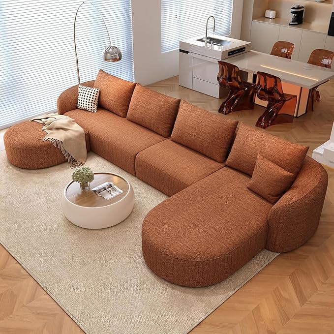 138.6" Modular Sectional Couches Luxury Modern Curved Back U-Shape Sofa Set with Ottoman,Minimalist Comfy Boneless Cloud Couch for Living Room Apartment,(Right Facing Chaise,Orange)