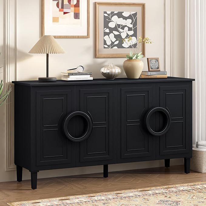 Modern Retro Sideboard Storage Cabinet with 4 Doors and Round Ring Handle, Wood 59'' Accent Entryway Console Table for Living Rooms Entrance Dining Room (Black-FI)