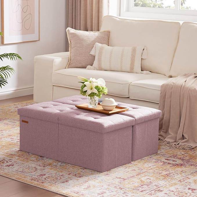 HAUSFRAU 31.5 Inches Ottoman with Storage Bench, Folding Ottoman Bench Small Foot Rest Stool, Bedroom Bench with Flipping Lid, Linen Nude