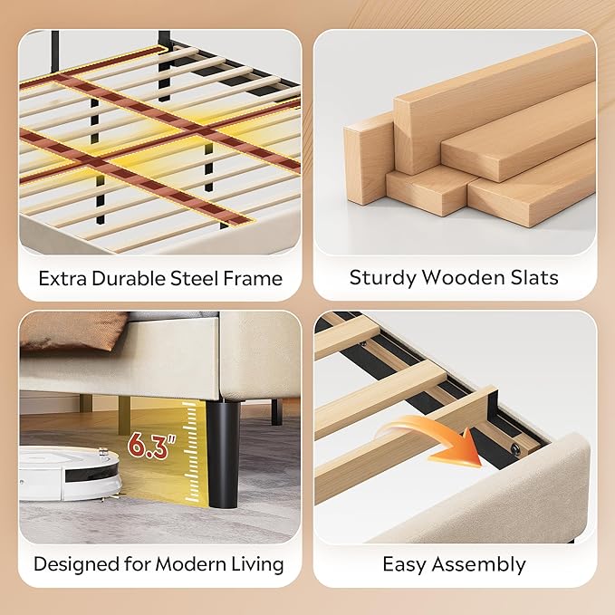 WLIVE King Size Upholstered Bed Frame, Velvet Square Tufted Headboard, Sturdy Metal & Wooden Slats Support, No Box Spring Needed, Beige