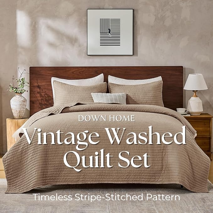 DOWN HOME Twin Quilt Bedding Set with Sham, Vintage Washed Soft Quilted Blanket Thin Comforter Lightweight Bedspread Coverlet Bed Cover, Brushed Microfiber Stripe Stitching, Brown, 66"x92"