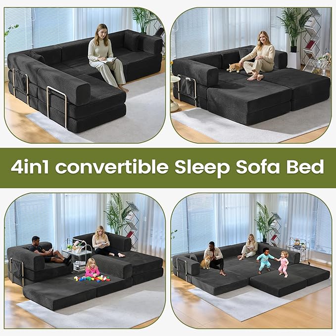 Folding Sofa Bed Convertable Corduroy Couch King Size Floor Sleeper 4-in-1 DIY Combination Modular Sofa Fold Out Futon Lounge Comfy Foldable Lazy cama for Living Room (Black)