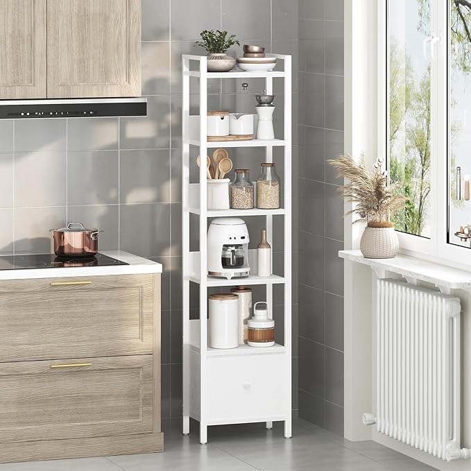 Bookshelf, 6-Tier Bookcase with Drawer, Small Book Shelf for Small Space, Storage Shelf Organizer, for Living Room, Bedroom, Study, Kitchen, White BKWT66101