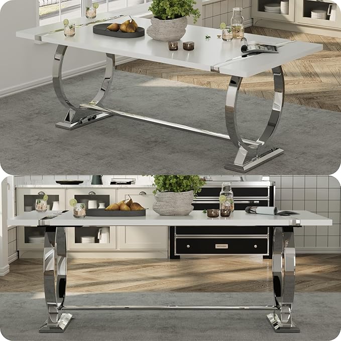 ACEDÉCOR 80" White and Silver Dining Table for 6-8, Modern Large Rectangular Lacquer Top and Chrome Metal U Shaped Base