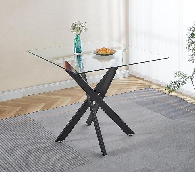 36" Square Dining Table for 4, Modern Clear Glass Kitchen Table for 4 with Black X Metal Legs, Contemporary Small Glass Dining Room Leisure Tables for Kitchen Apartment