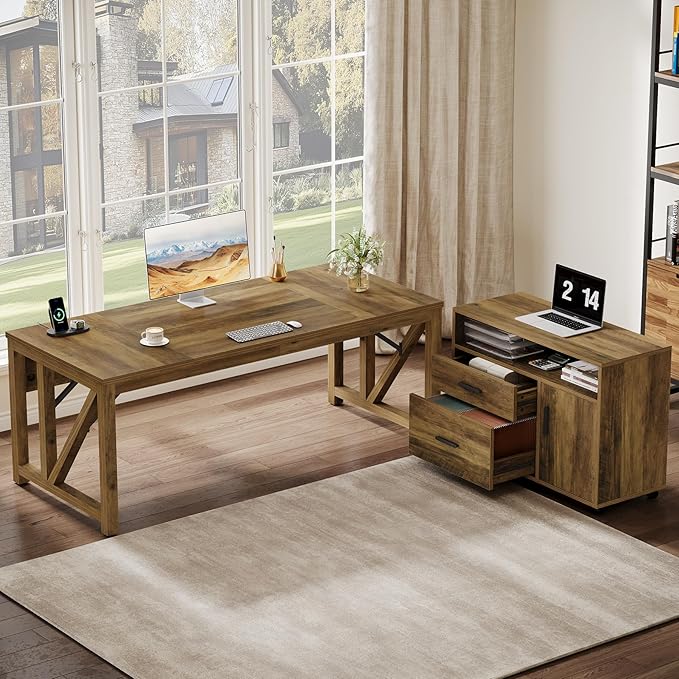 Tribesigns L Shaped Desk with Drawer Cabinet, 63" Executive Computer Desk and lateral File Cabinet, 2 Piece Home Office Furniture with Drawers for Hanging, Door (Rustic Brown, 63 inches)
